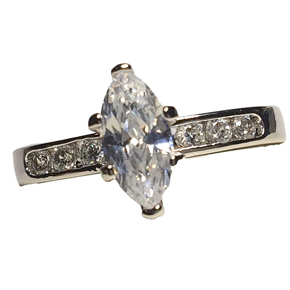 Silver Rhodium Plated Marquis Cut Cubic Zirconia Engagement Ring Size 10
